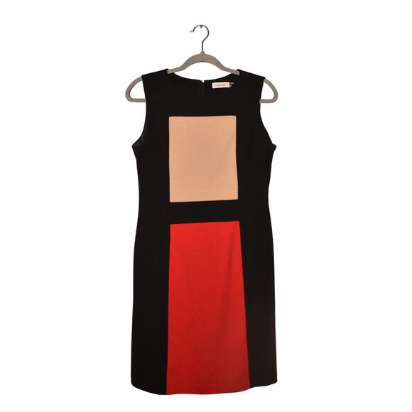 CALVIN KLEIN $148 Sleeveless Colorblock Sheath Dress Black Beige Red Size 8 - Picture 1 of 3